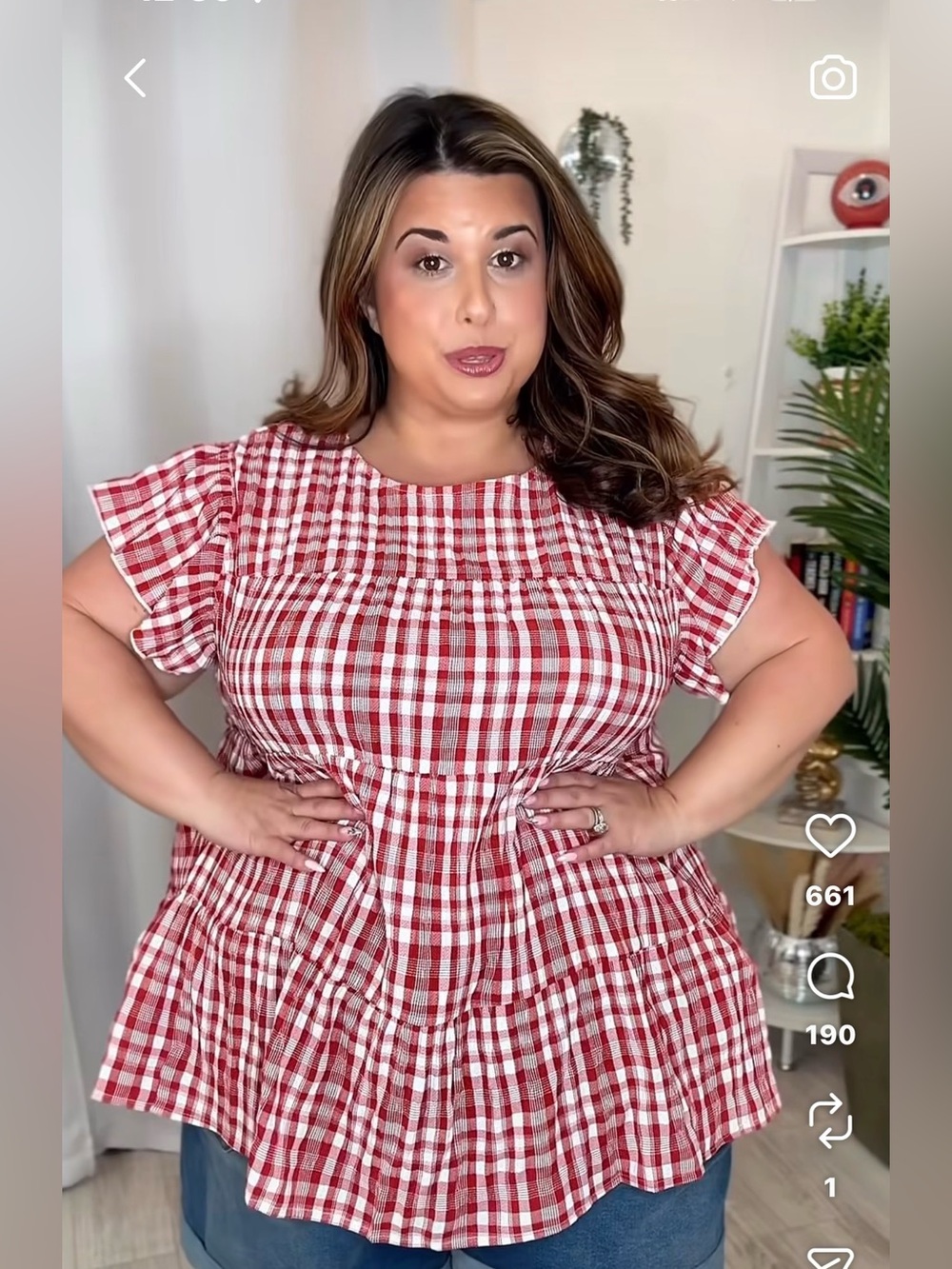Plus Size Textured Red and White Gingham Peplum Top